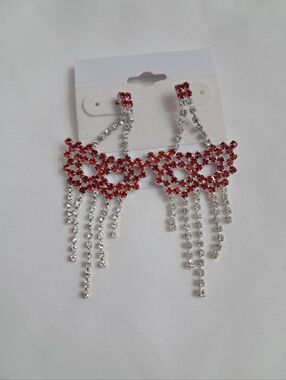 Masquerade Mask Chandelier Earrings Red Silver Rhinestones Dangle Mardi Gras